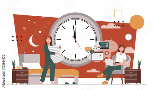 Biological clock time concept. Two women near big clock at night. Correct regime and healthy lifestyle. Biology and anatomy. Medical infographics. Cartoon flat vector illustration photo