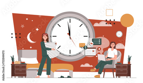 Biological clock time concept. Two women near big clock at night. Correct regime and healthy lifestyle. Biology and anatomy. Medical infographics. Cartoon flat vector illustration