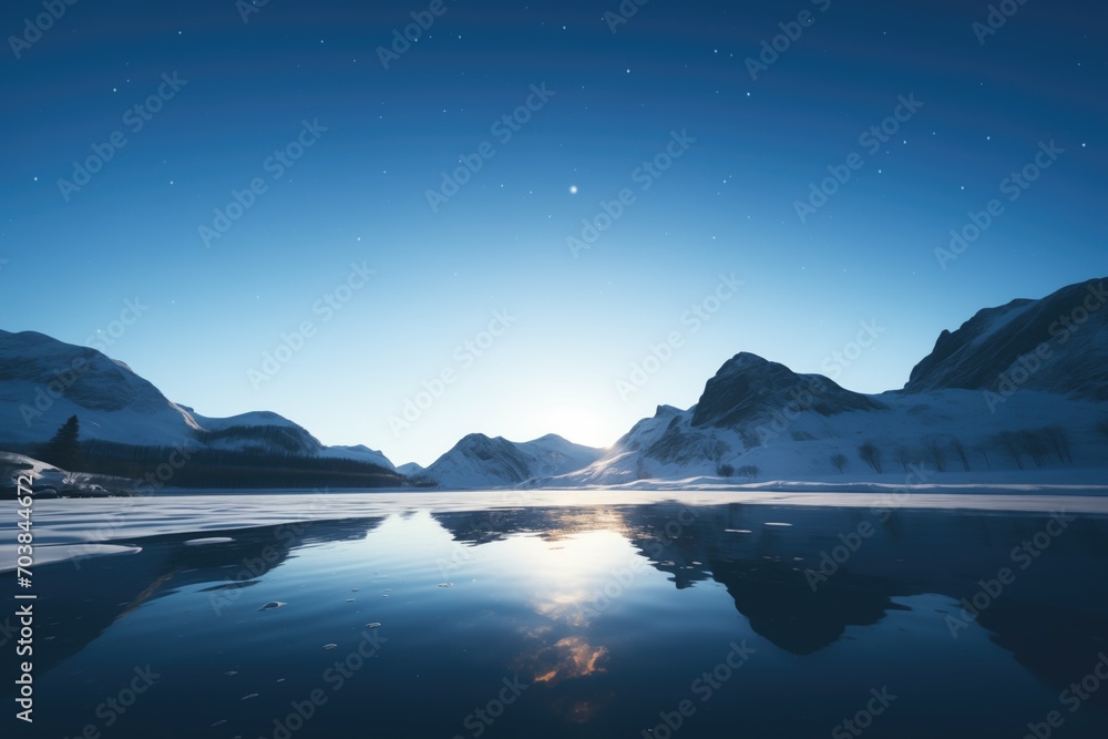 moonlight silhouetting mountainous backdrop of a frozen lake