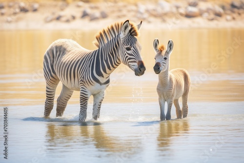 zebra foal     s first visit to a waterhole with family