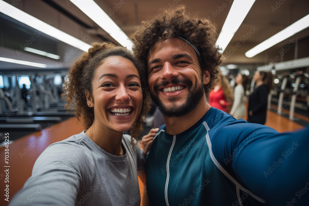 Portrait of happy young couple after sport workout in gym. Exercise, health and lifestyle concept Portrait of happy young couple after sport workout in gym. Exercise, health and lifestyle concept