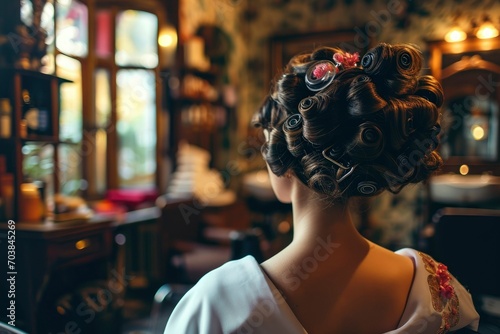 Rear view of a woman wearing hair rollers in a modern beauty salon. Beautiful young woman in hair rollers