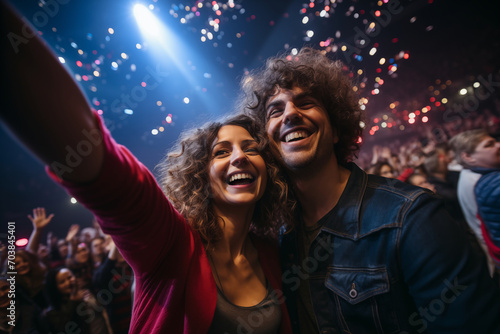 Happy young couple take a selfie in concert hall with people on a dance floor air in music festival