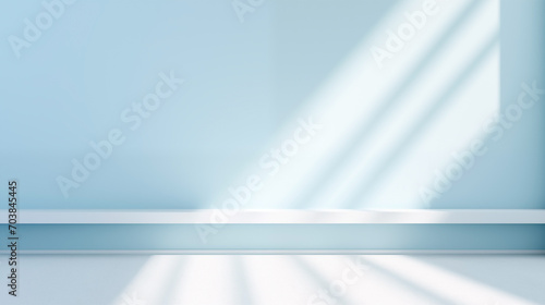 Minimalistic pastel blue gentle background. Empty space of room, product display