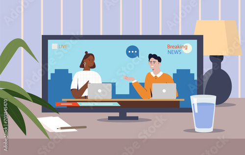 Breaking news at television concept. Anchors in tv show with information. Man and woman in mass media. Live stream and broadcast. Evening rest and leisure indoor. Cartoon flat vector illustration