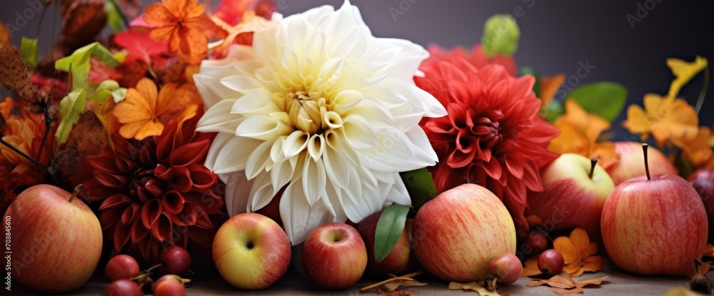 Autumn flowers closeup background, fall flowers bouquet, florist composition with dahlia and apples