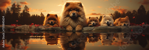 Closeup of chow chow dog and puppies on a sunset sky and lake background.Animal wide web banner photo