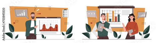 Business people set. Men and woman with graphs and diagrams. Team of analyst conduct marketing research. Workers evaluate statistics. Cartoon flat vector collection isolated on white background