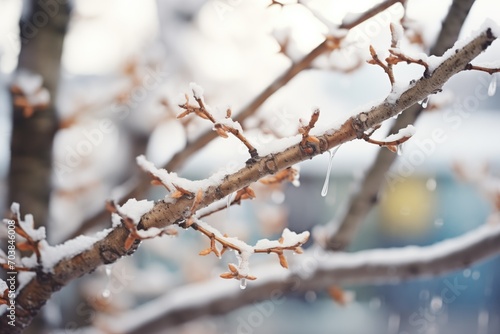 snowflakes on barren plum tree twigs