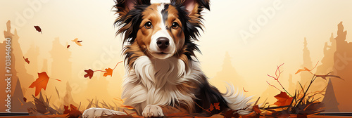Closeup of collie dog illustration on a autumn forest background.Animal wide web banner © leo10