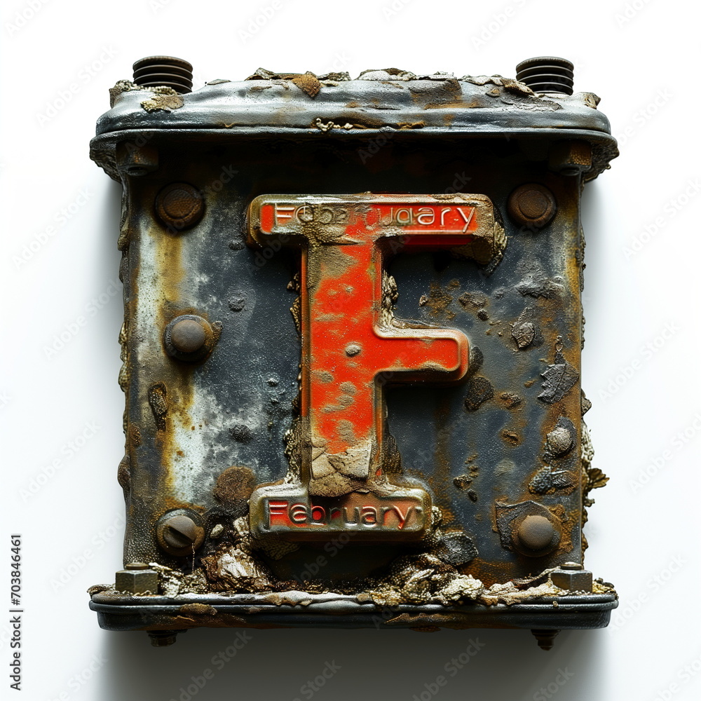 A rusty metal box with a letter f