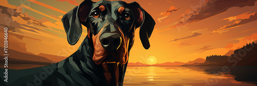 Closeup of doberman pinscher dog illustration on a sunset sky background.Animal wide web banner