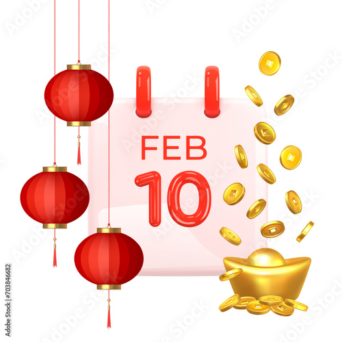 Chinese New Year 2024 Сalendar. Daily calendar with the date February 10, red numbers, Chinese lanterns, Yuan Bao gold ingot and gold coins. Realistic 3D design. Cartoon style. 3D render vector