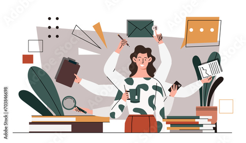 Multitasking businesswoman concept. Woman with many hands. Hardworking worker and employee. Organization of workflow. Overworked young girl in office. Cartoon flat vector illustration