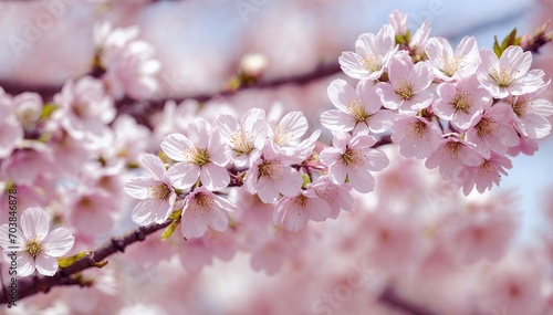 a close-up of a cherry blossom tree with a sky background. The tree has many pink flowers blooming on it. © Jatupong Thongkruama