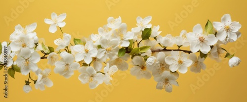 A beautiful image of sping white cherry flowers flying in the air on the pastel yellow background. Levitation conception. Hugh resolution image