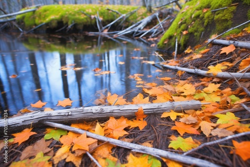 autumn leaves surrounding beaver dam