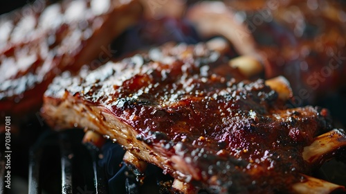 A detailed close-up view of succulent barbecue ribs with a smoky glaze  cooking slowly in a smoker or grill  with visible grill marks and a rich  caramelized exterior.