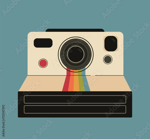 Cell old style camera concept. Retro equipment for taking photos. Vintage element with light. Back to 80s and 90s. Template and layout. Cartoon flat vector illustration isolated on blue background