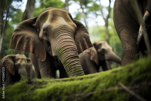 bornean elephants trunk coiling around vegetation photo