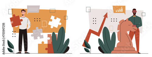 Characters assembling jigsaw set. Men with chess pieces and puzzles. Young guy with logical riddles. Businesspeople concept. Cartoon flat vector collection isolated on white background