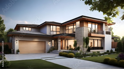 3d rendering of modern cozy house in the garden with garage. © AGORA