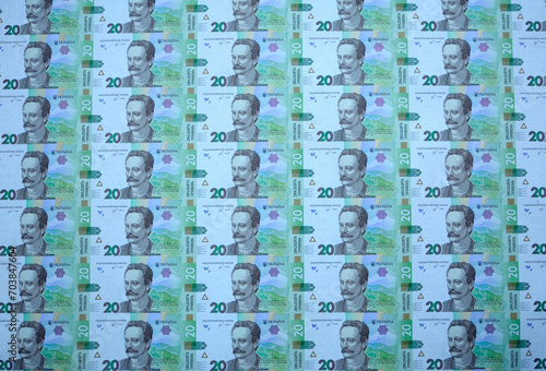 New printed banknotes of denomination 20 UAH with portrait of Ivan Franko, who was born in 1856. Issued by the National Bank of Ukraine
