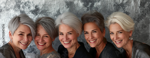 Lächelnde Frauen mit grauen stylischen Haaren im mittleren Alter photo