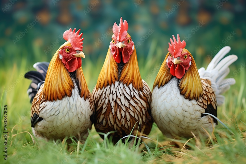 Fototapeta premium trio of chickens in a shaded grass area