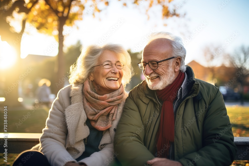 woman man senior couple happy retirement together elderly hug active bonding park outdoor sitting bench leisure fun smiling love old nature wife happiness mature