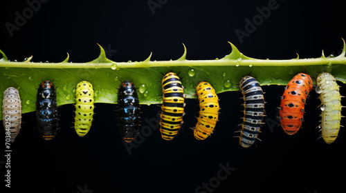 Series of images showcasing different stages of a caterpillar's transformation