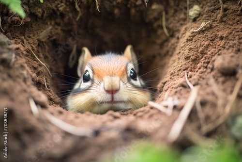 chipmunks head poking out from full burrow