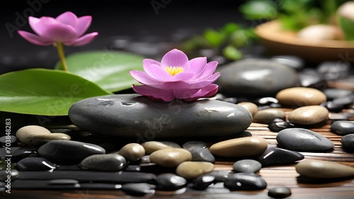 Beautiful spa composition with lotus flower and zen stones on dark background