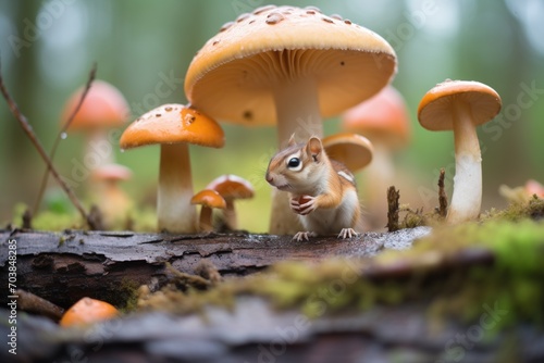 chipmunk arranging mushrooms outside its burrow