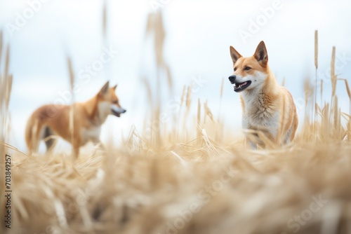 two dingoes coordinating an ambush in a field photo