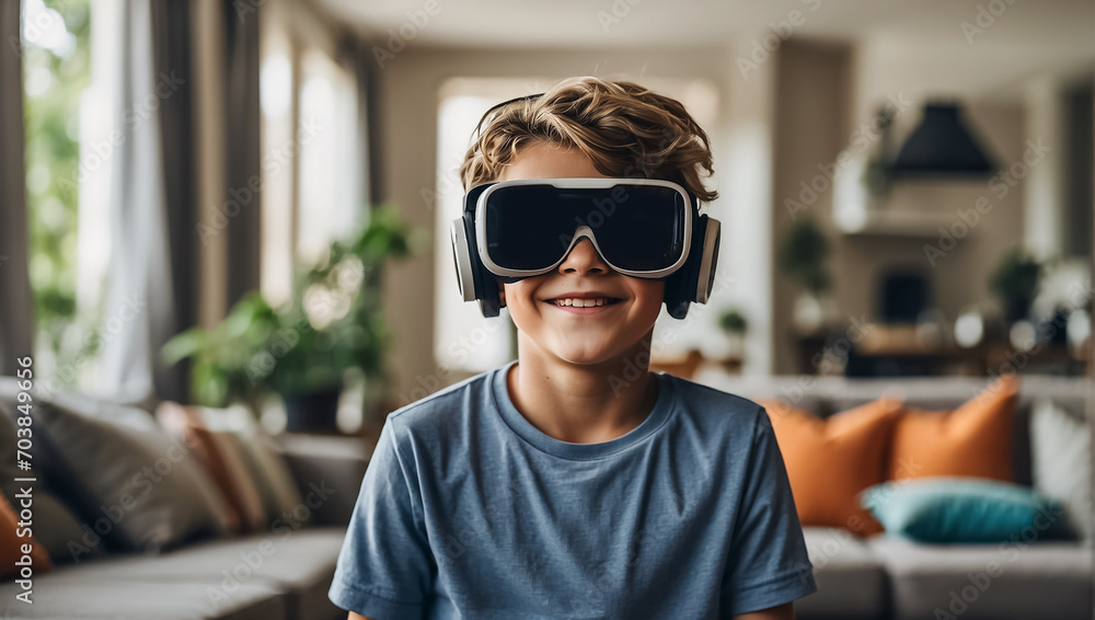 boy wearing virtual reality glasses at home equipment boy wearing virtual reality glasses at home equipment