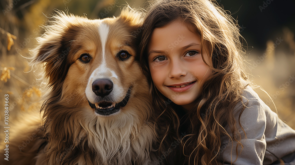 Cute smiling Little girl hugging retriever Cute smiling Little girl hugging retriever