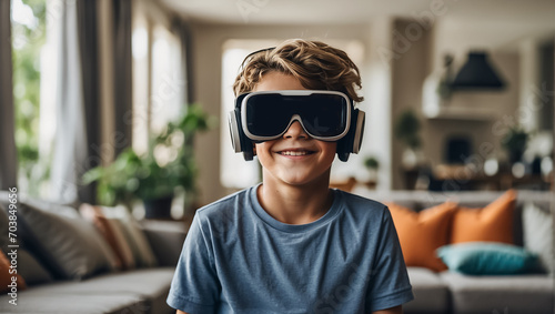 boy wearing virtual reality glasses at home equipment
