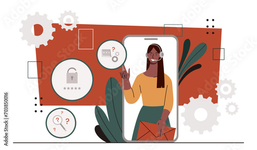 Customer services assistant concept. Woman at smartphone screen. Consultation and answers to questions. Worker of hot line and call center at phone screen. Cartoon flat vector illustration