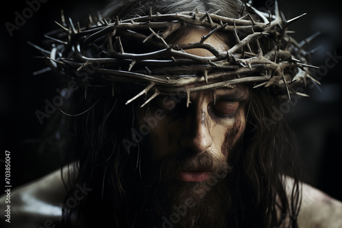 Jesus countenance is solemn, his crown filled with sharp thorns photo