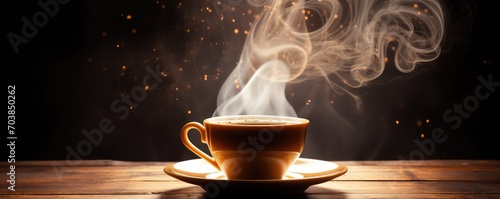 Banner with black hot coffee cup and golden smoke on wooden table. Mug with steaming smoke on dark background with golden lights, glittering sparkles and bokeh. Warm, light atmosphere. Magic mourning