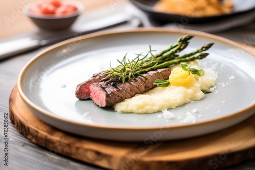 grilled steak with asparagus and mashed potatoes on a stone plate