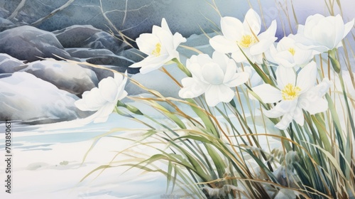 Blooming spring white snowdrops background. International happy womens mothers day, 8 March, Easter concept. White spring flowers illustration for greeting card, banner, post, poster..