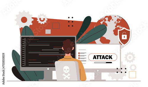 Man with cyber attack. Young guy write code. Programmer and IT specialist develop antivirus. Security and personal data protection. Cartoon flat vector illustration isolated on white background