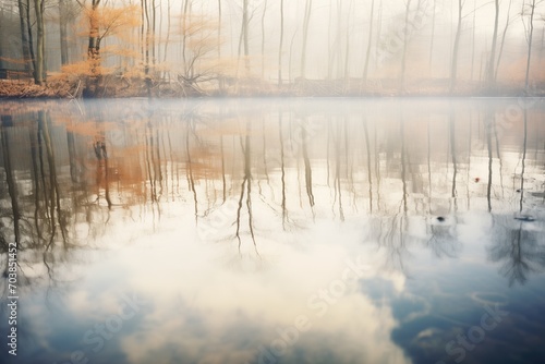 still lake surface with ghostly reflection of the surrounding woods © stickerside