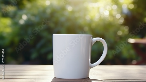 Mockup of a white coffee mug on a wooden table on a soft out of focus blurred background. Blank mug mockup space for quotes, design or image.