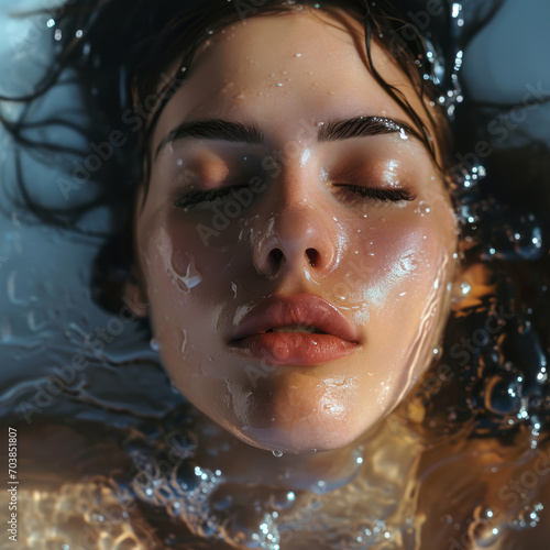 portrait of the allure of a beautiful young female model with her eyes closed, soft glow of studio lights artistic touch by delicately splashing her face with milk or water for freshness