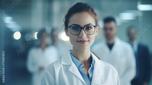 Young woman scientist with white coat and glasses in modern Medical Science Laboratory with Team of Specialists in background