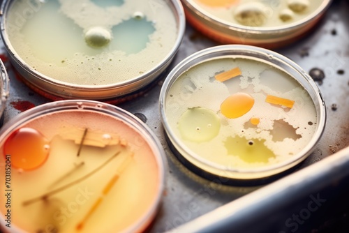 close-up of petri dishes with bacteria colonies growing