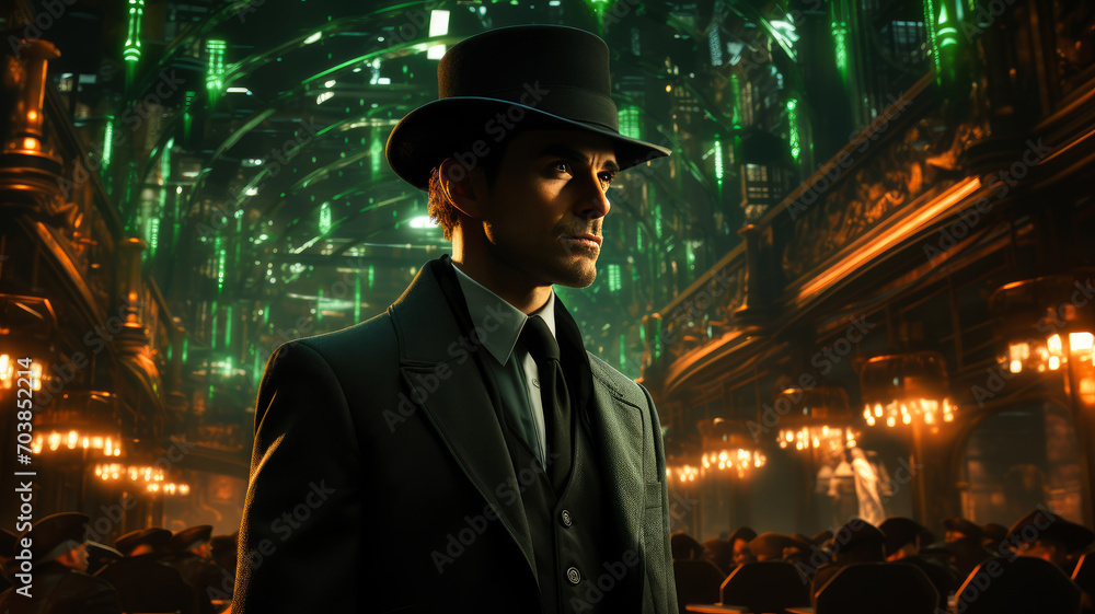 Man Celebrating St. Patrick's Day in a Modern Cityscape - Urban Skyscrapers and Festive Atmosphere, AI-Generated Man Celebrating St. Patrick's Day in a Modern Cityscape - Urban Skyscrapers and Festive Atmosphere, AI-Generated